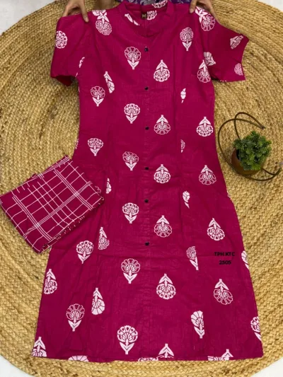 Dark Pink Floral Printed Straight Kurta Pant Set